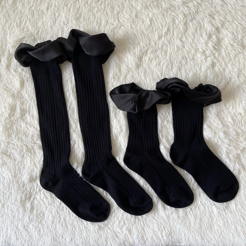 3D Rotating Bubble Lotus Lace Stockings - Pure Black Cotton Socks