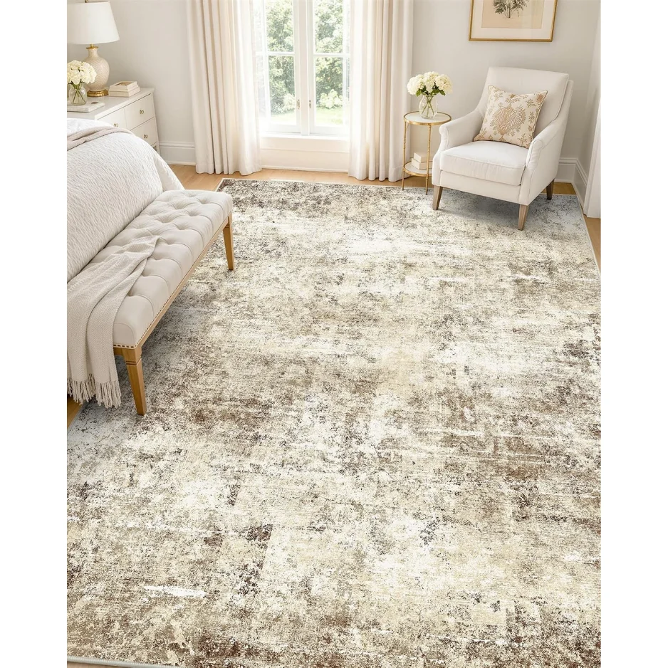 5x7 Washable Area Rug, Soft Non Slip Carpet for Bedroom Living Room Beige Distressed Abstract Modern Farmhouse