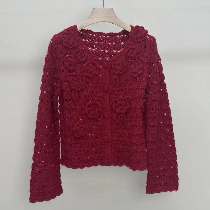Angolan Red Rose 3d Crochet Hollow-out Vintage Knitted Cardigan Sweater