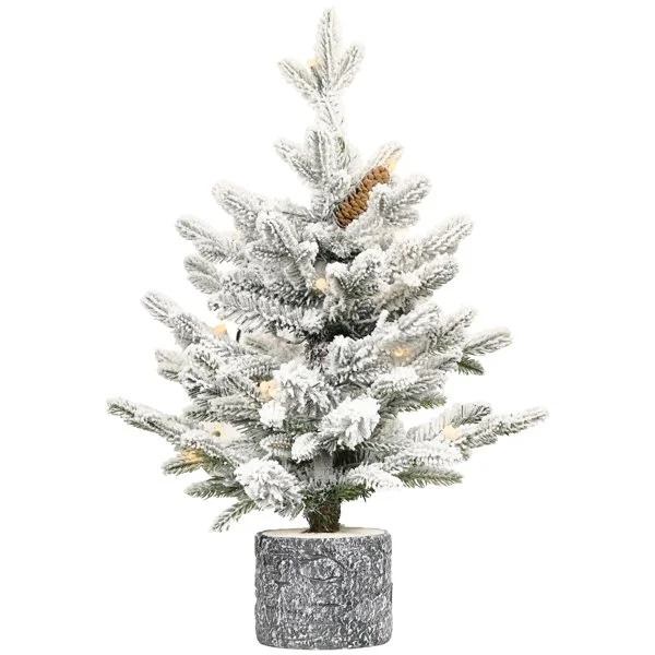 Artificial 2ft Decorated Flocking Basin Tree with 189 Pe Pvc Mixed Branch Tips, Pine Conex3, 30l Wram White Li