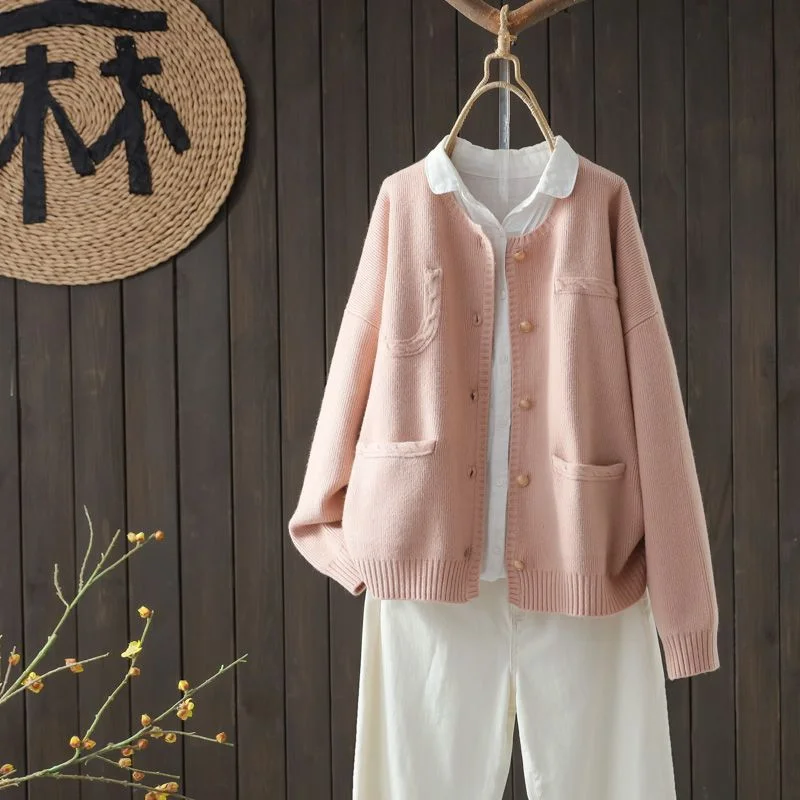 Autumn and Winter Long-sleeved Knitted Sweater with Button Pocket Outerwear