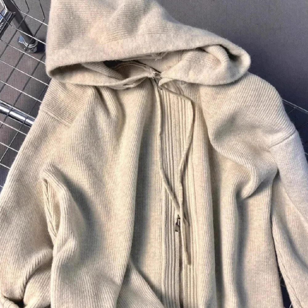 Autumn and Winter Loose Thickened Gray Hooded Sweater Coat Women
