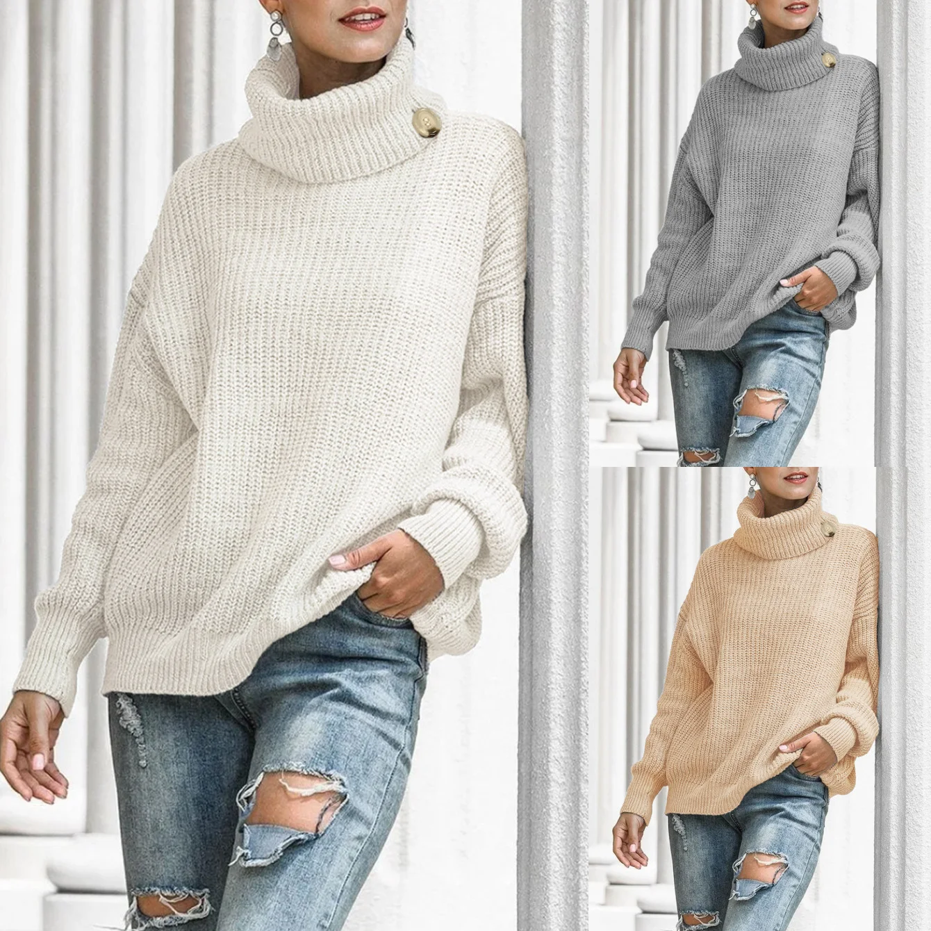 Autumn and Winter New Button Knitted Pullover Turtleneck Sweater