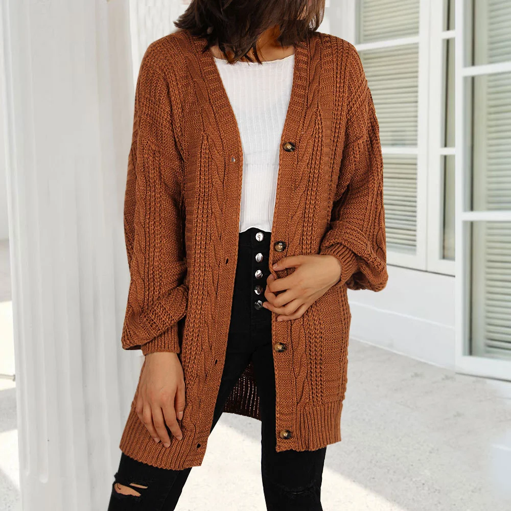 Autumn New Knitted Solid Color Plus Size Cardigan V-neck Twist Lantern Sleeve Coat for Women