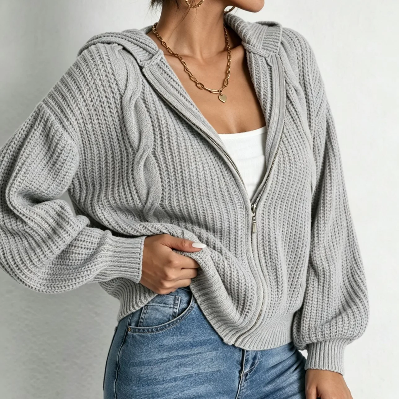Autumn Womens Fallwinter Hooded Sweater Cardigan Solid-color Knitted Outerwear Top