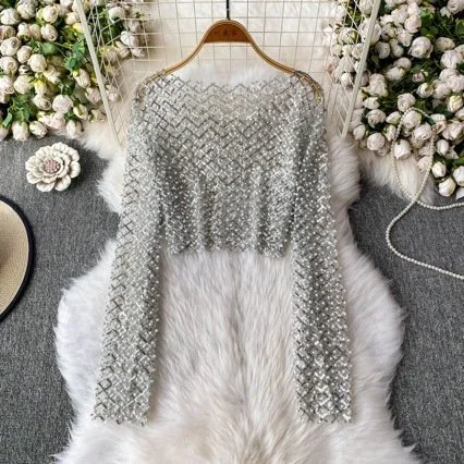 Beaded Crew-Neck Long-Sleeve Top for Women