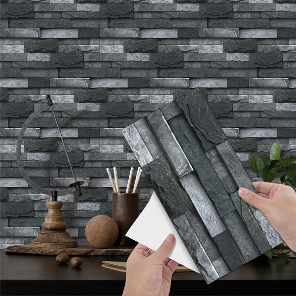 Black Gray Stone Tile Peel and Stick Wallpaper Home Decoration Waterproof Self-adhesive Wallpaper for Bathroom