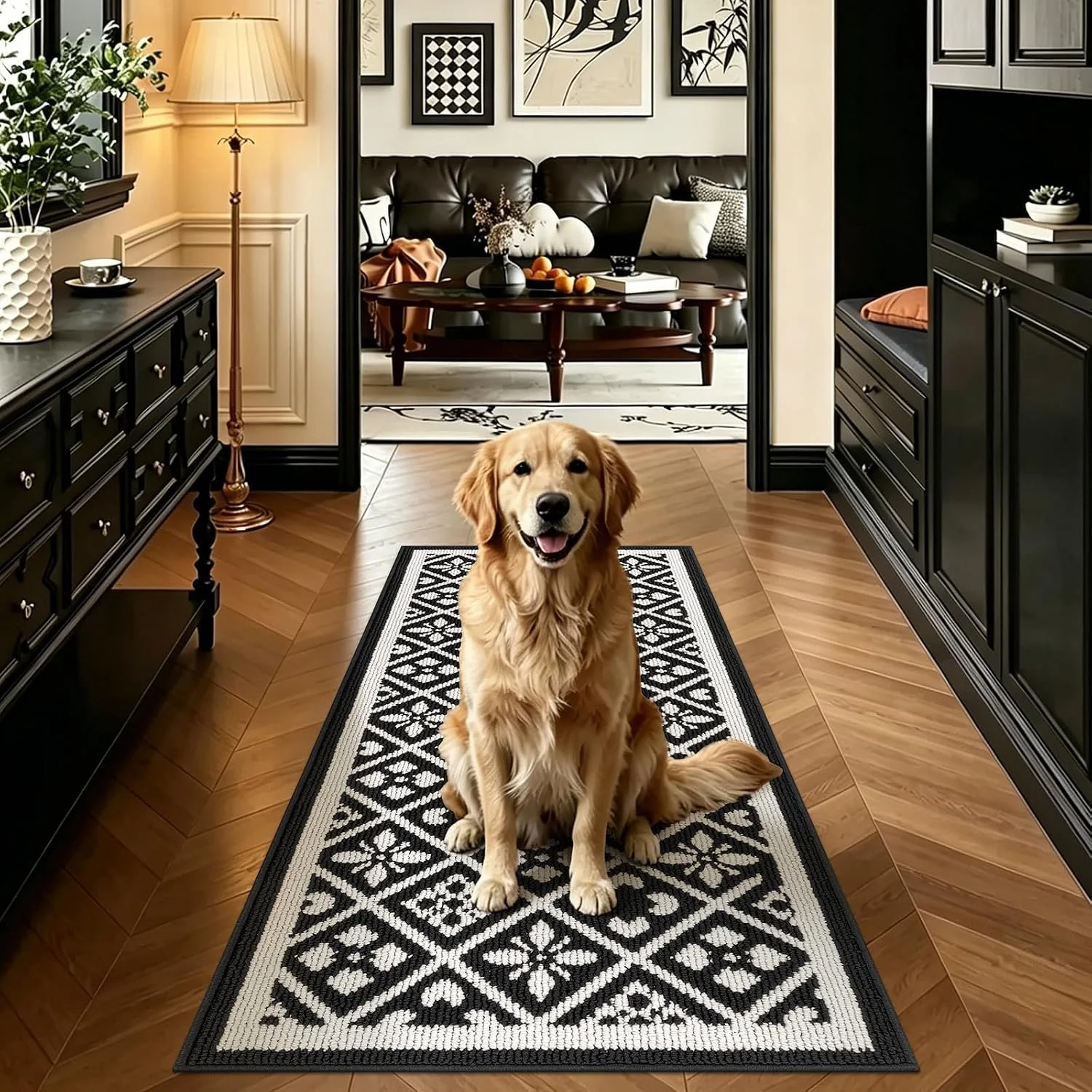 Black Laundry Room Runner Rug 2x6 Ft, Non Slip Washable Floor Mat with Rubber Backing for Kitchen, Hallway, En