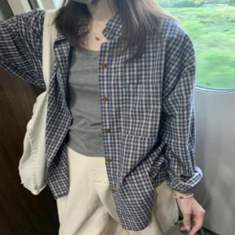Blue Plaid Women's Loose Long-sleeved Shirt