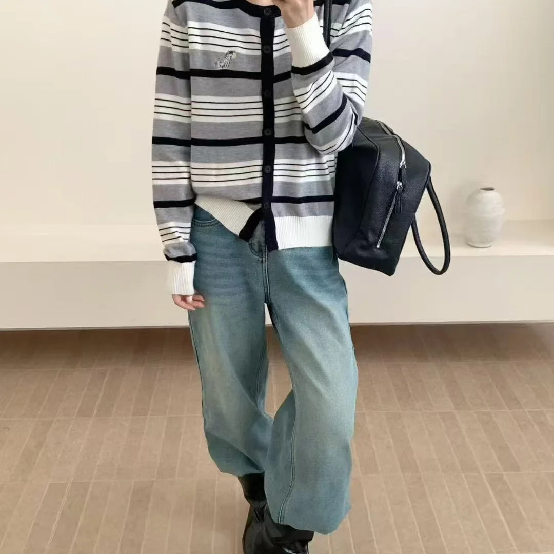Blue Striped Embroidered Knitted Cardigan for Women