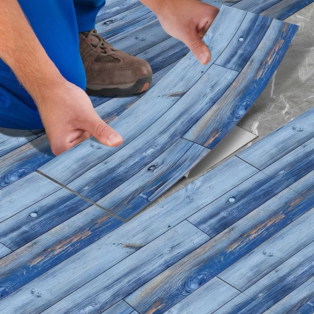 Blue Wood Grain Floor, Peel and Stick Floor Tiles, Pvc Self-adhesive Diy Floor Removable Waterproof Tile Stick