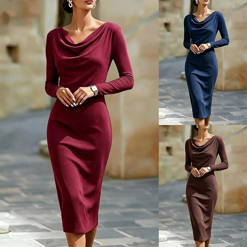Boat Neck Long Sleeves Figure-hugging Hip-skimming Midi Dress for Women