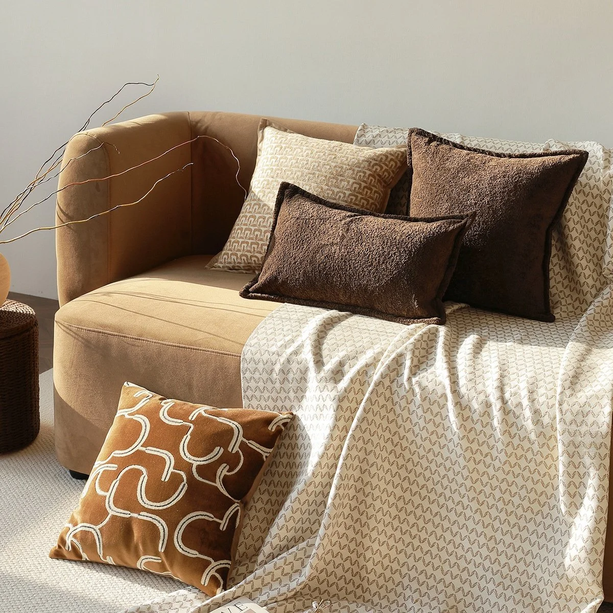 Brown Sofa Cushion Cover & Lumbar Pillow - Geometric Cotton Throw Pillow