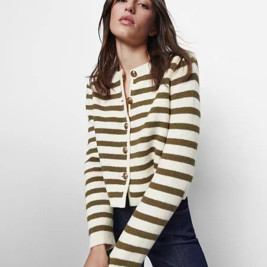 Buckle Striped Classic Style Knitted Cardigan Sweater Short Coat
