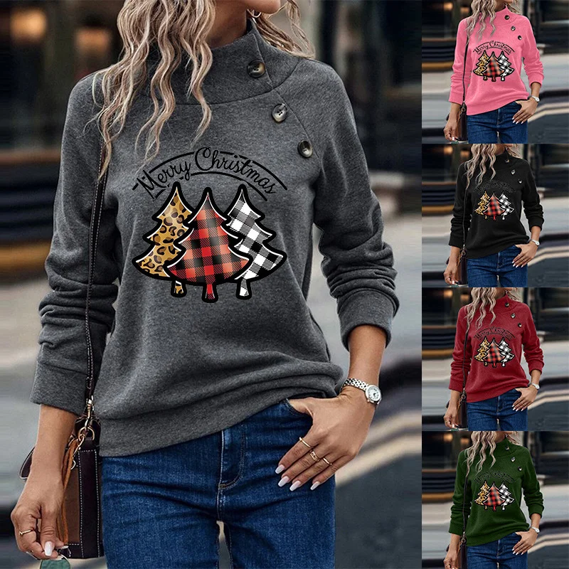 Cartoon Turtleneck Buttons Christmas Printed Sweater For Women