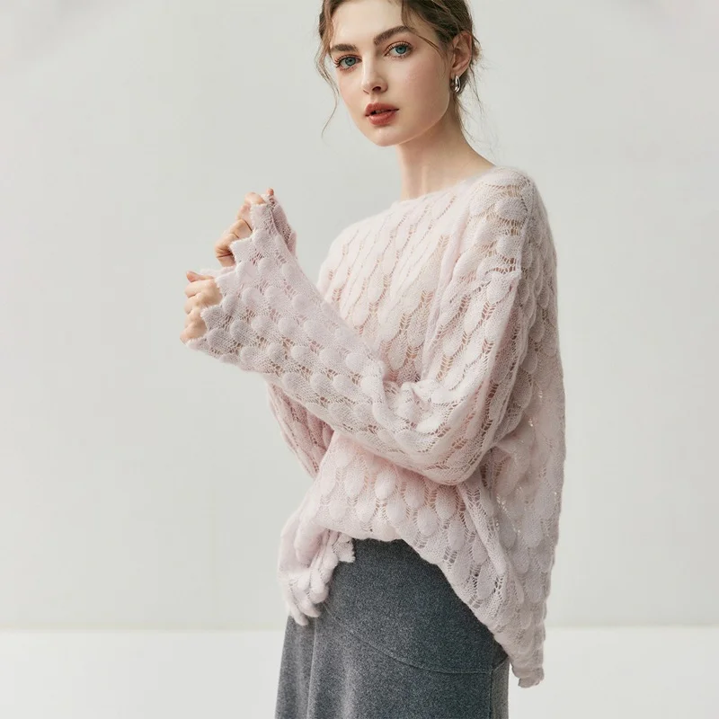 Cashmere Knit Sweater Womens Top with Hollow-out Feather Design