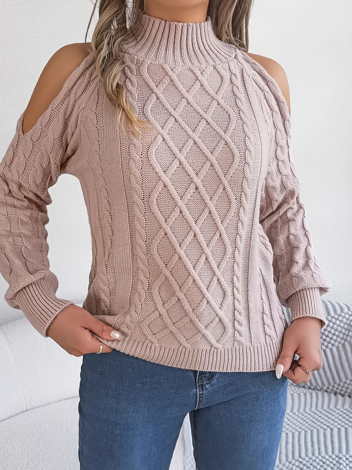 Casual Cable Knit Off-shoulder Half Turtleneck Long Sleeve Pullover Sweater