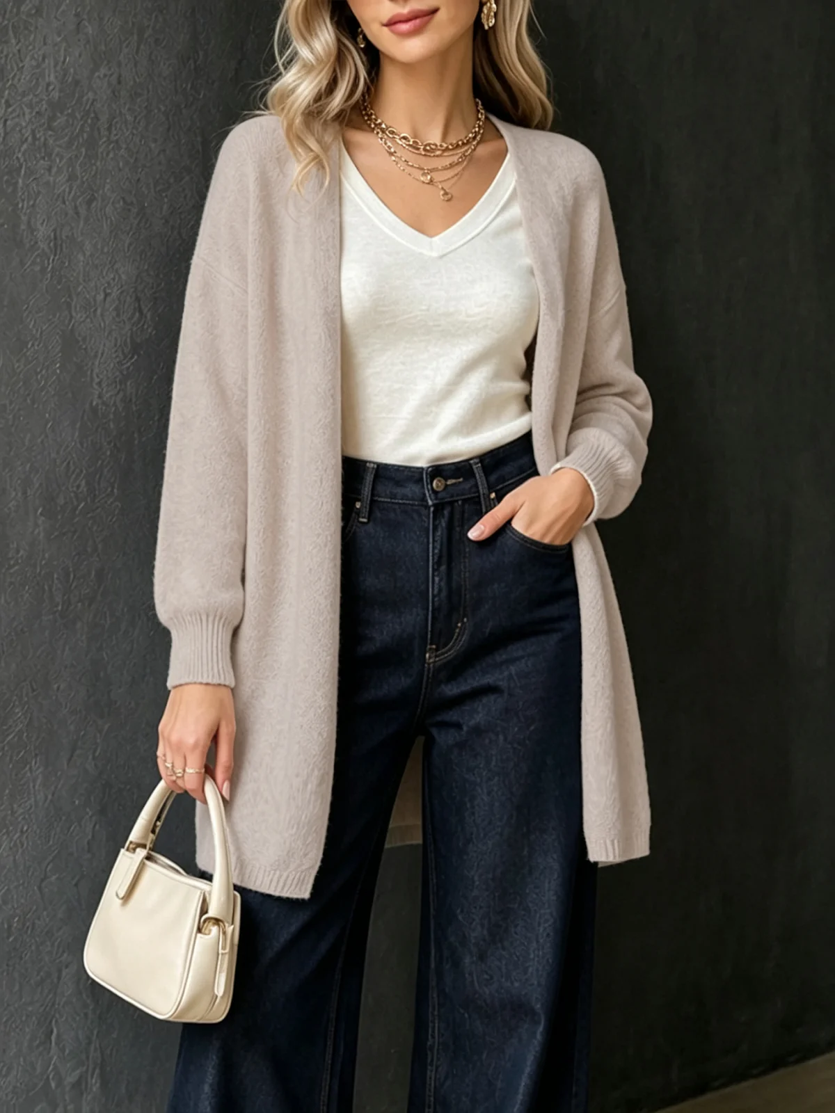 Casual Oversized Long Sleeve Knit Cardigan, Women Soft Deer Fleece Mid-length Open Front Sweater Outwear for S