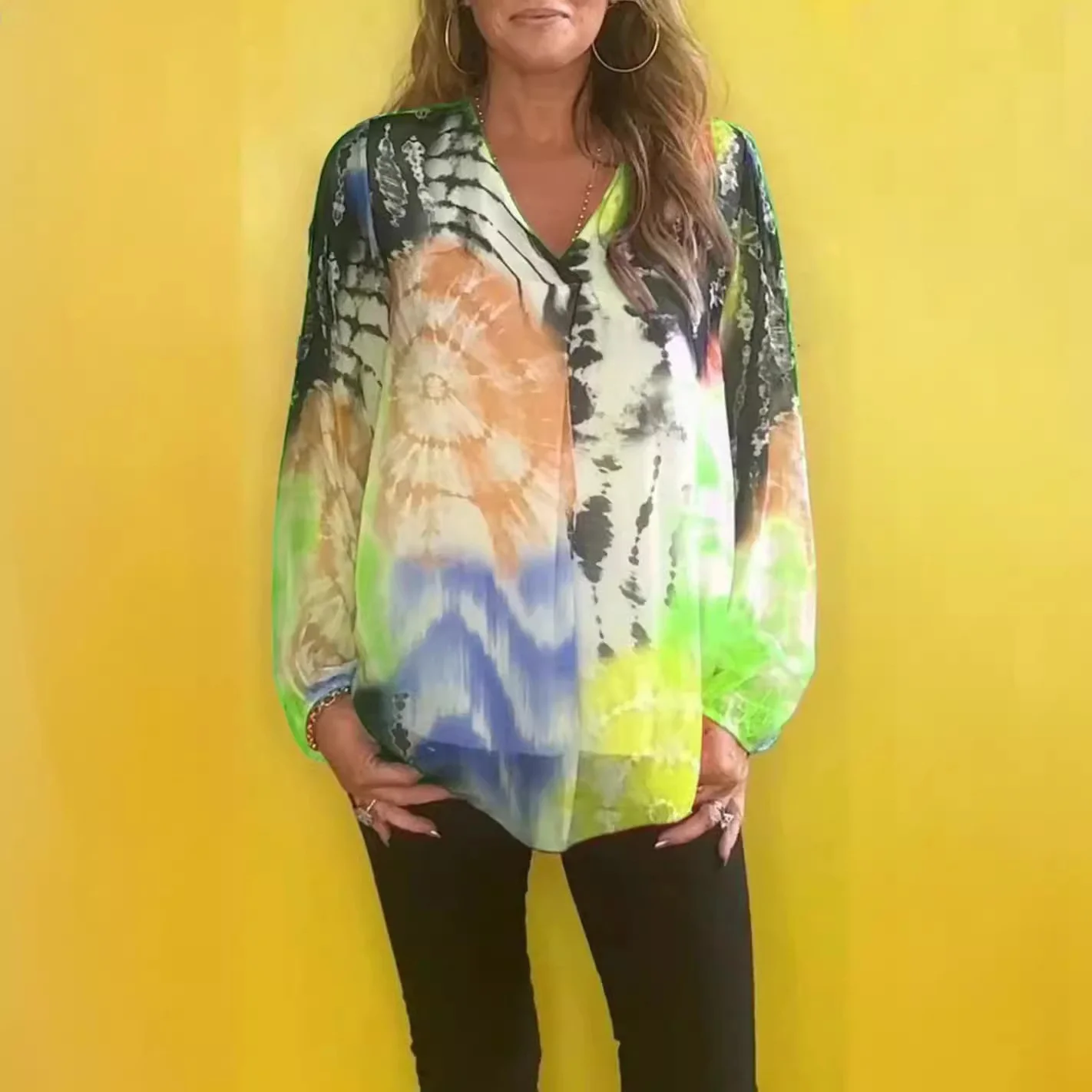 Casual Tie-dye Printing Multicolor V-neck Shirt