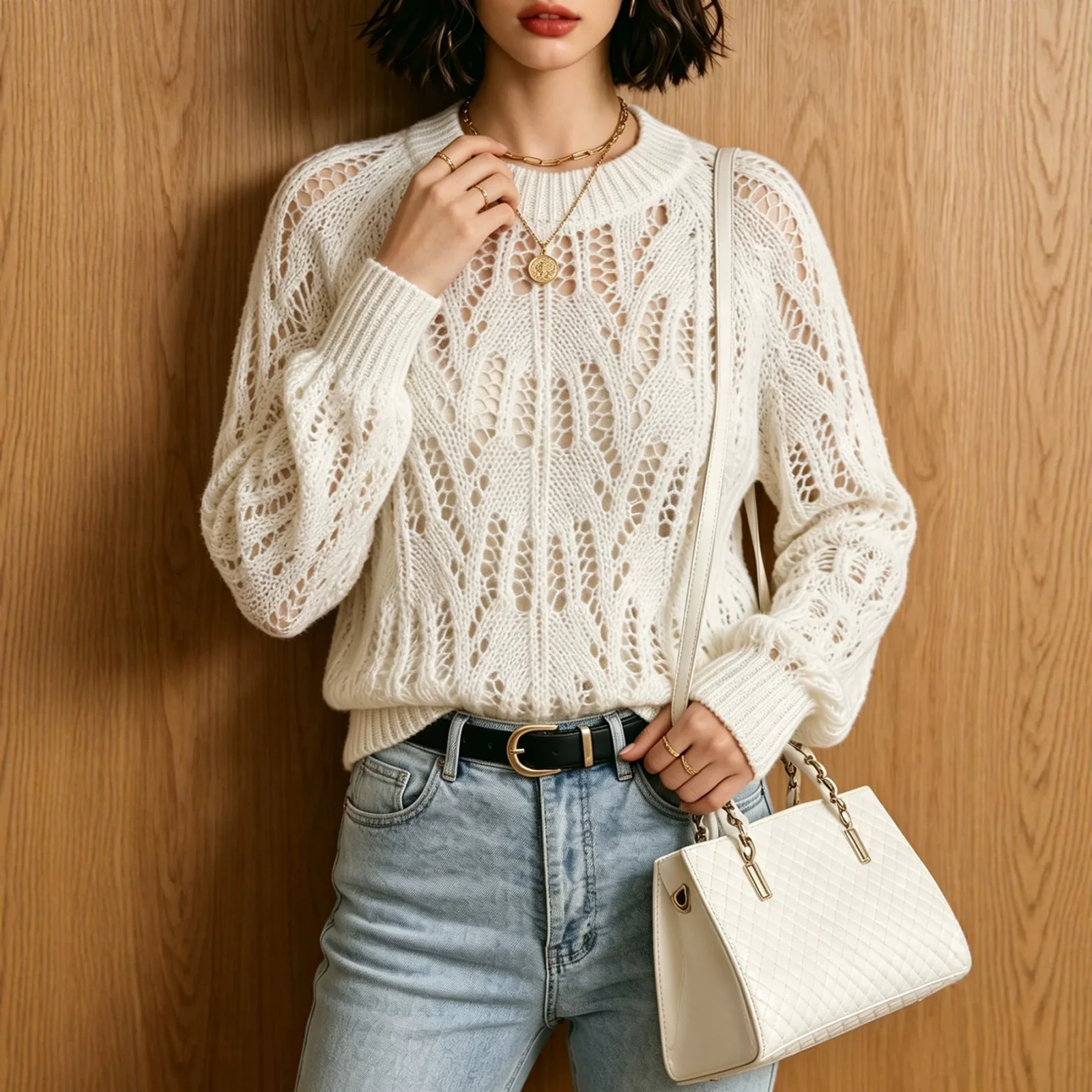 Casual Versatile Semi-sheer Long Knit Pullover with Openwork Design