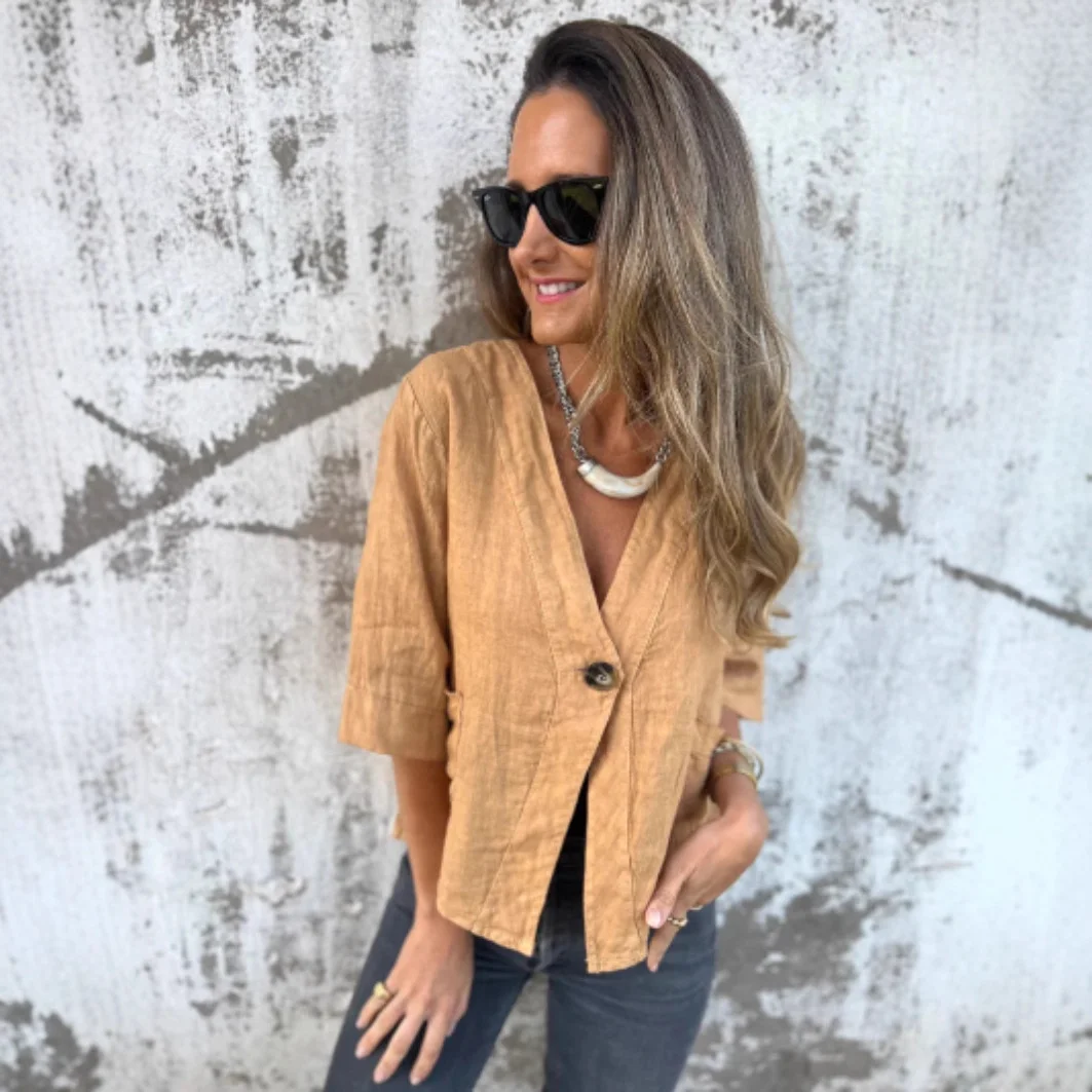 Casual Women's V-neck Cotton And Linen Solid Color ShirtT-shirt