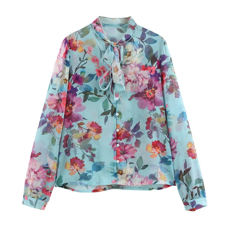 Chic Bowknot Print Slim Fit Shirt for Women