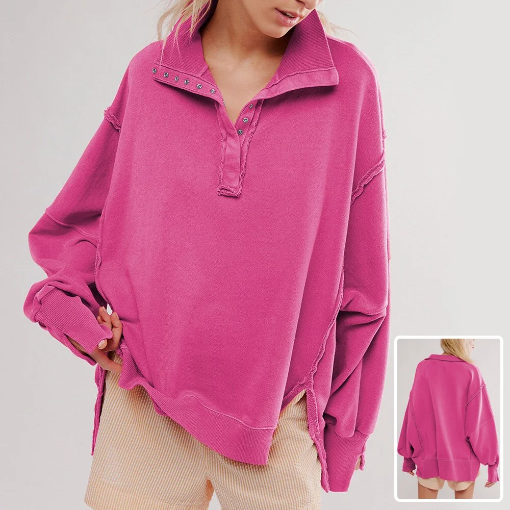Chic Button Lapel Lantern Sleeve Sweatshirt