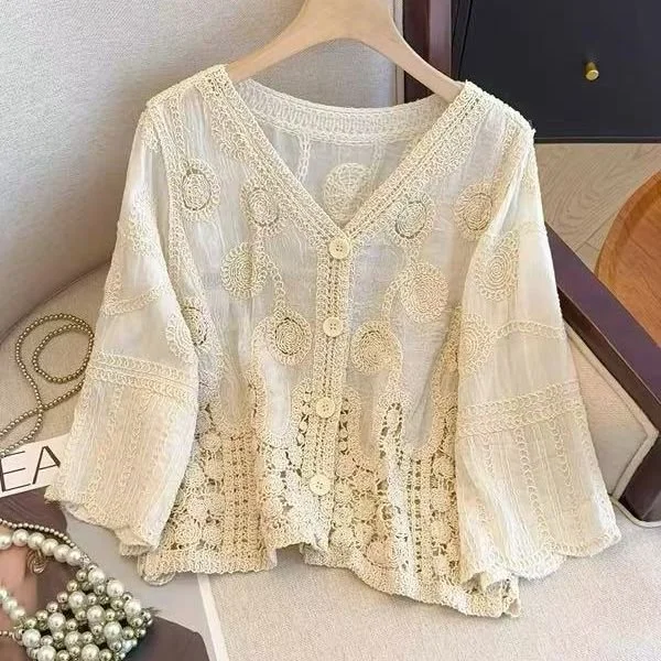 Chic French Crochet V-Neck Lace Sweater