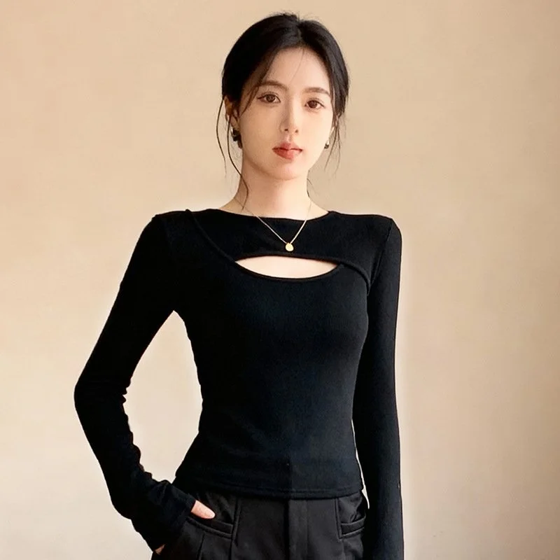 Chic Hollow Out Long Sleeve Slim Fit Top for Women