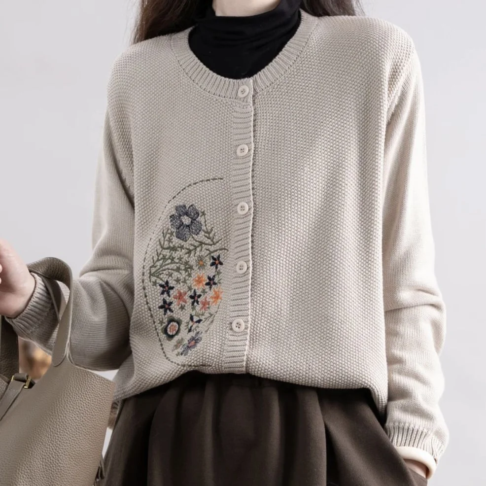 Chinese-style Corn-stitch Cotton Knit Cardigan Sweater for Women