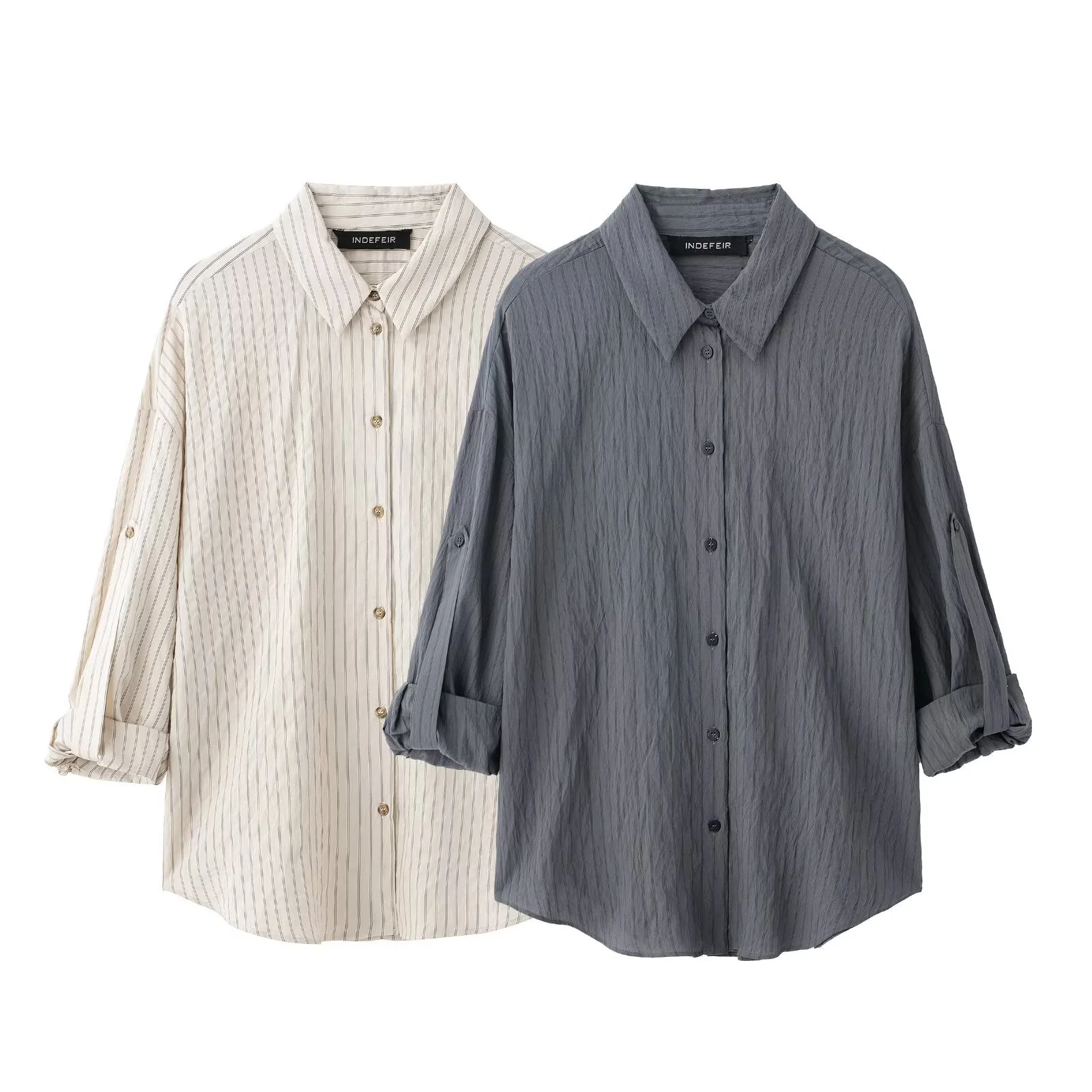 Classic Adjustable-Length Sleeve Striped Shirt For Women