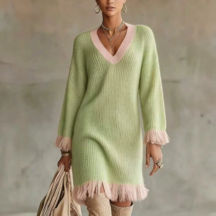 Colorblock V-Neck Tassel Knit Midi Sweater Dress