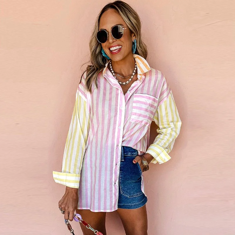 Contrast Color Multi-Buckle Long Sleeve Blouse