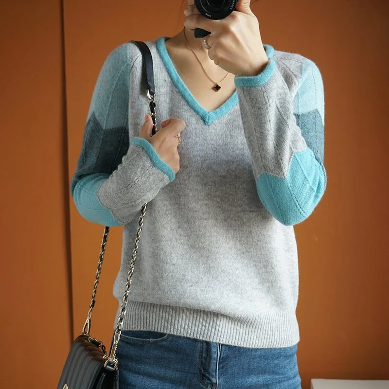 Contrast Color Woolen Sweater Women V-neck Pullover Patchwork Color Thermal Knitting Sweater Women