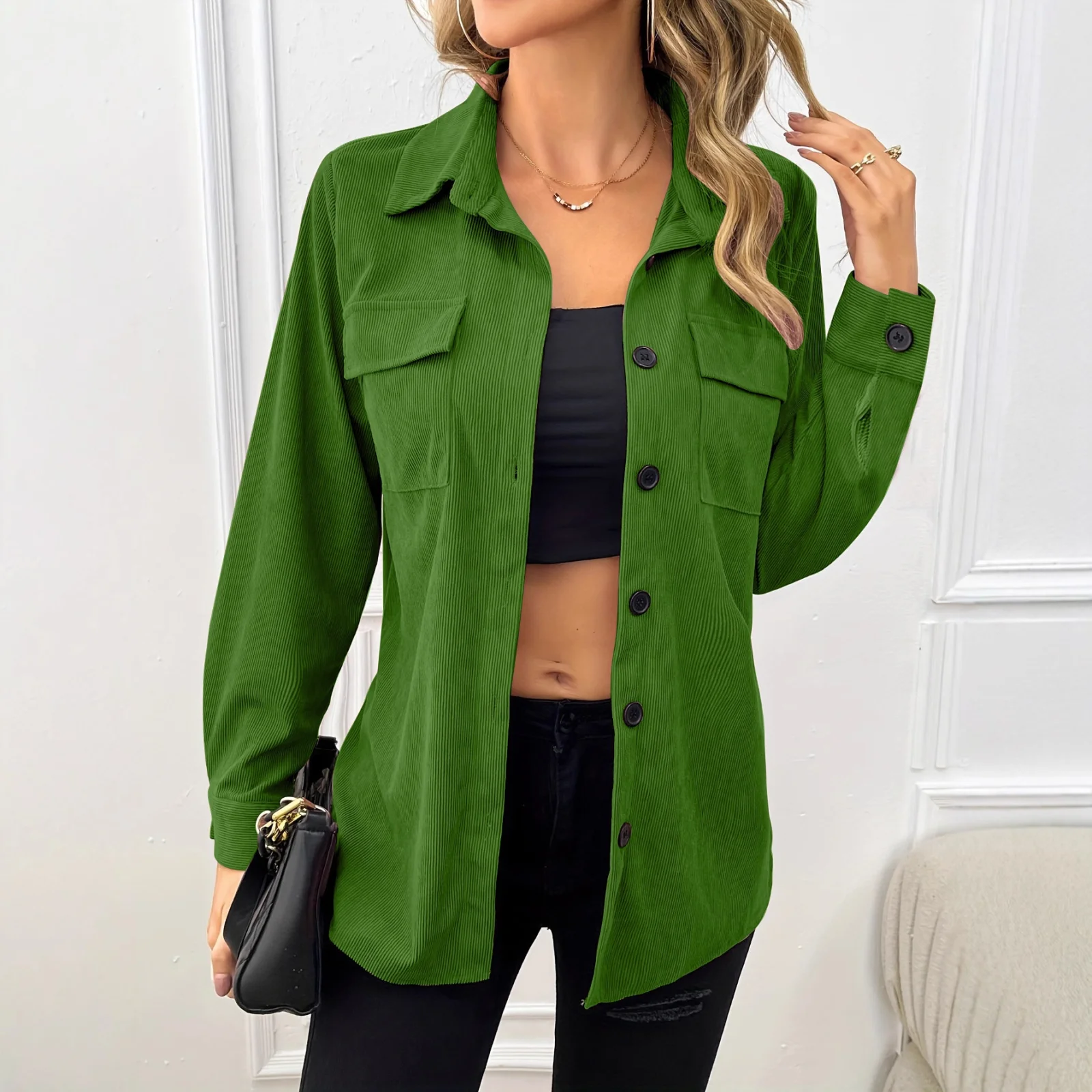 Corduroy Lapel Shirt Vintage Cardigan Pocket Shirt Coat Women