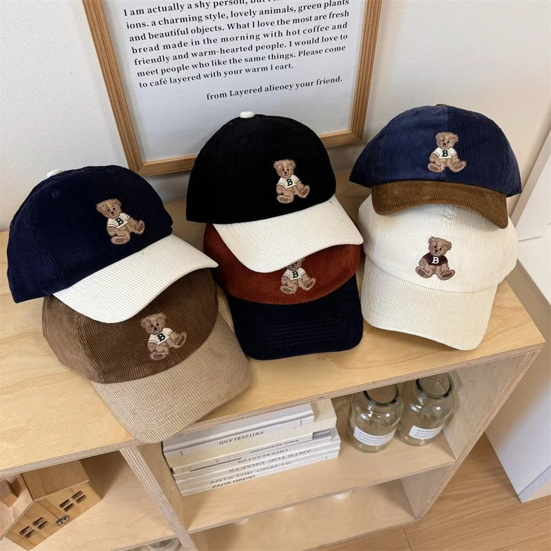 Corduroy Peaked Cap for Women - Colorful Bear Design