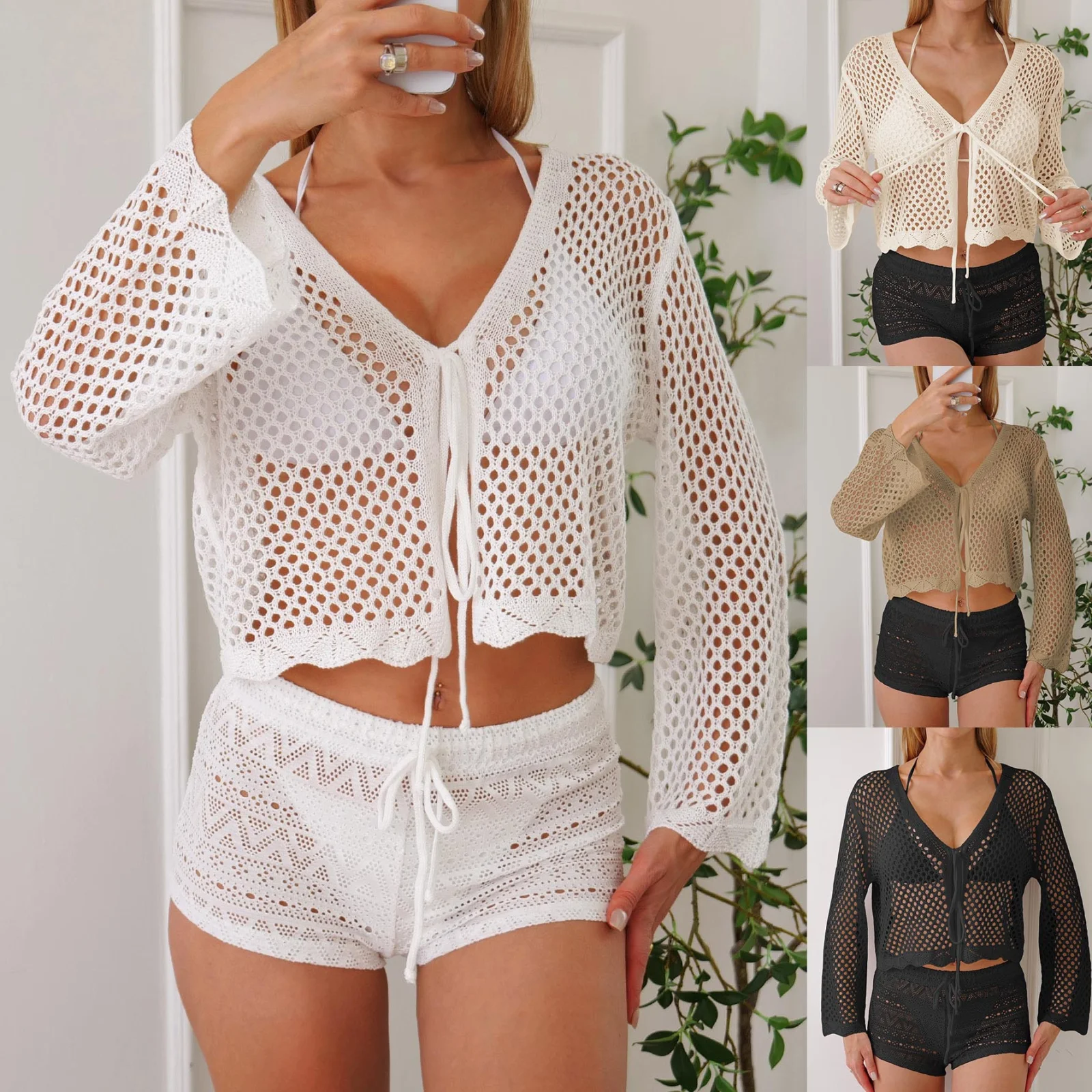 Cotton-like Women's Cardigan Hollow Woven Blouse