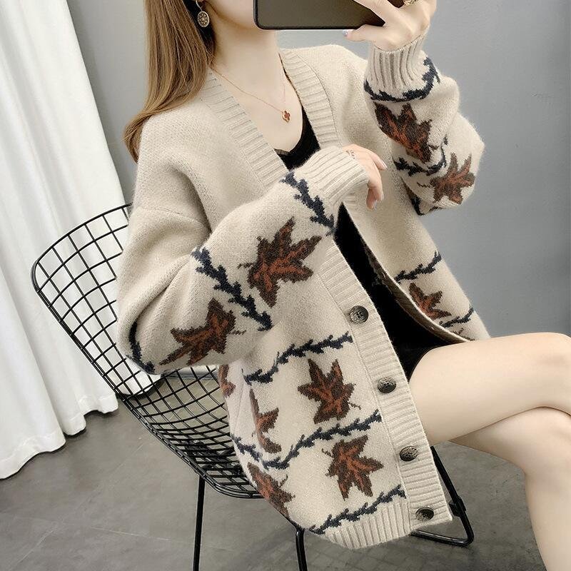 Cozy Maple Leaf Jacquard Oversized Cardigan Sweater