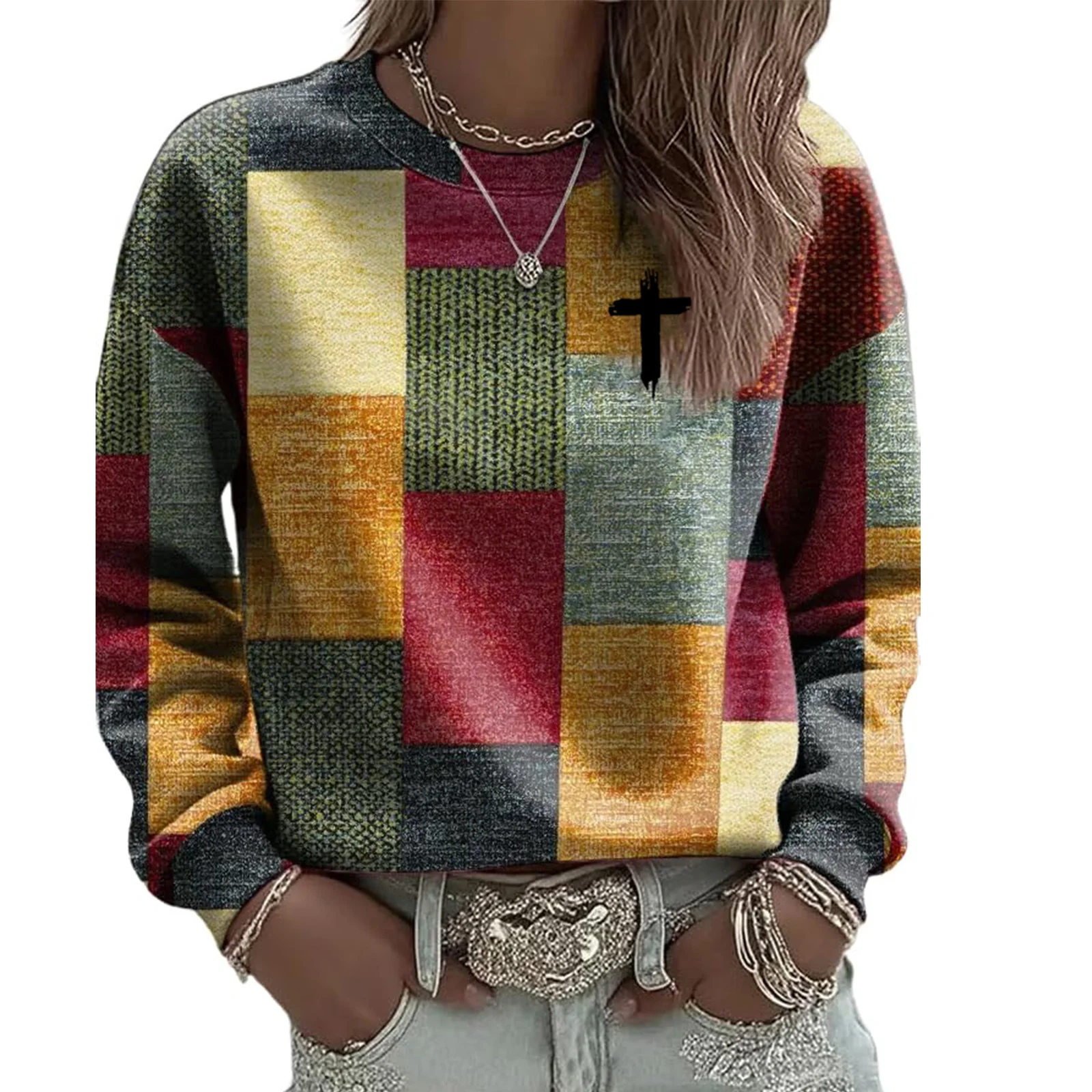 Cozy Plaid Crew Neck Sweatshirt – Warm Long‑Sleeve for Women