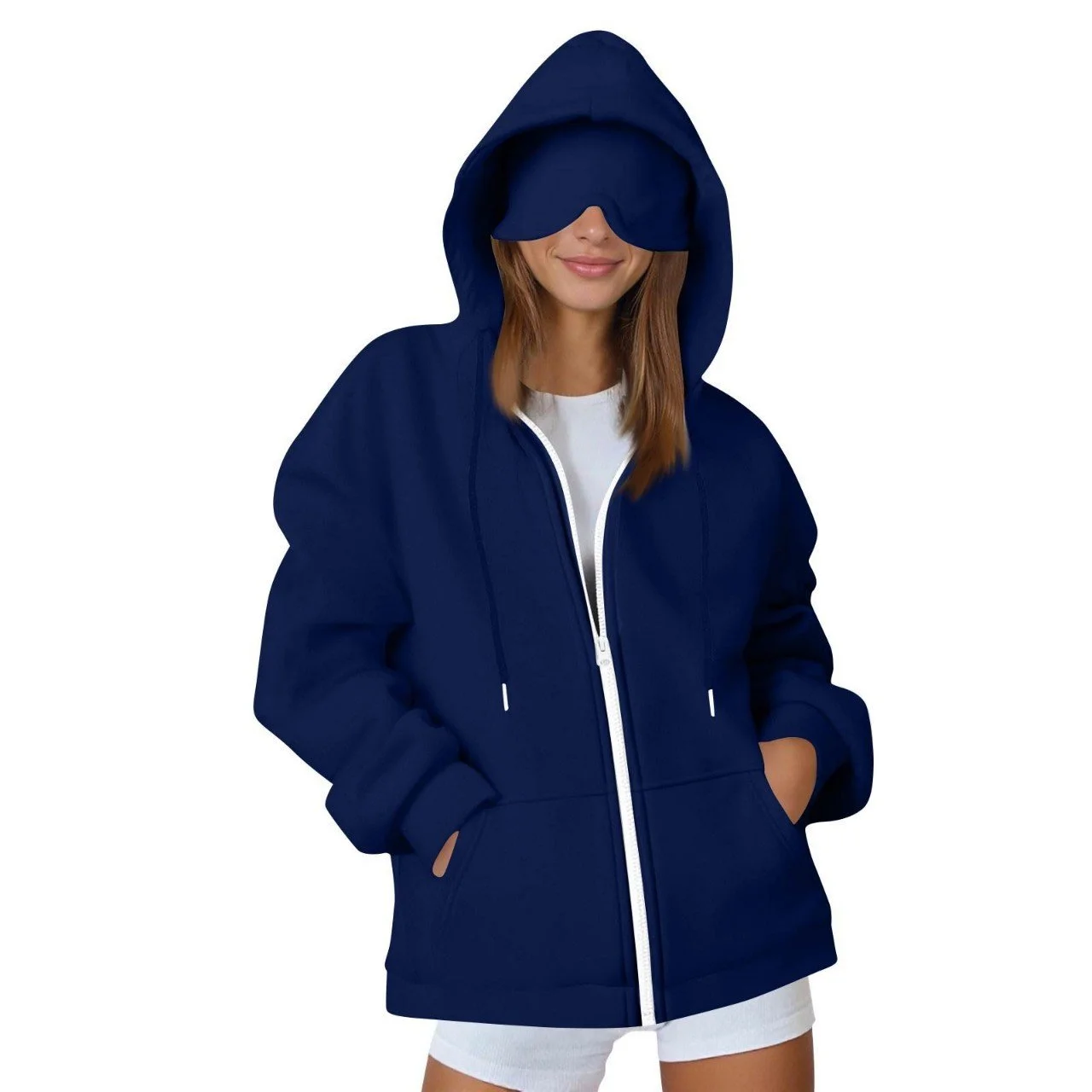 Cozy Solid Color Hooded Cardigan Sweater with Eye Mask