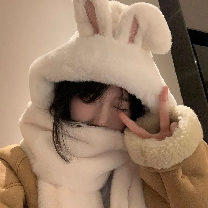 Cozy White Bunny Ears Hat and Scarf Set