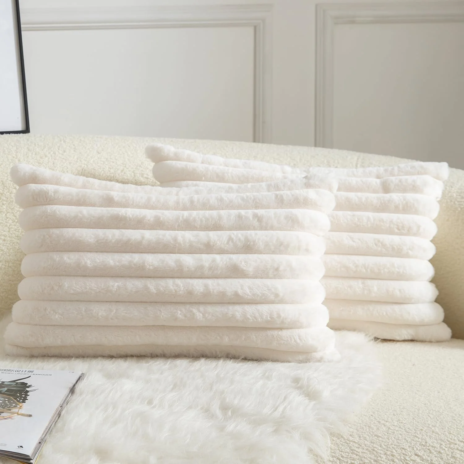 Cream Faux Fur Throw Pillow Covers 2 Units, Striped Plush Cushion Cases 12x20 Inch for Bedroom Living Room Sof