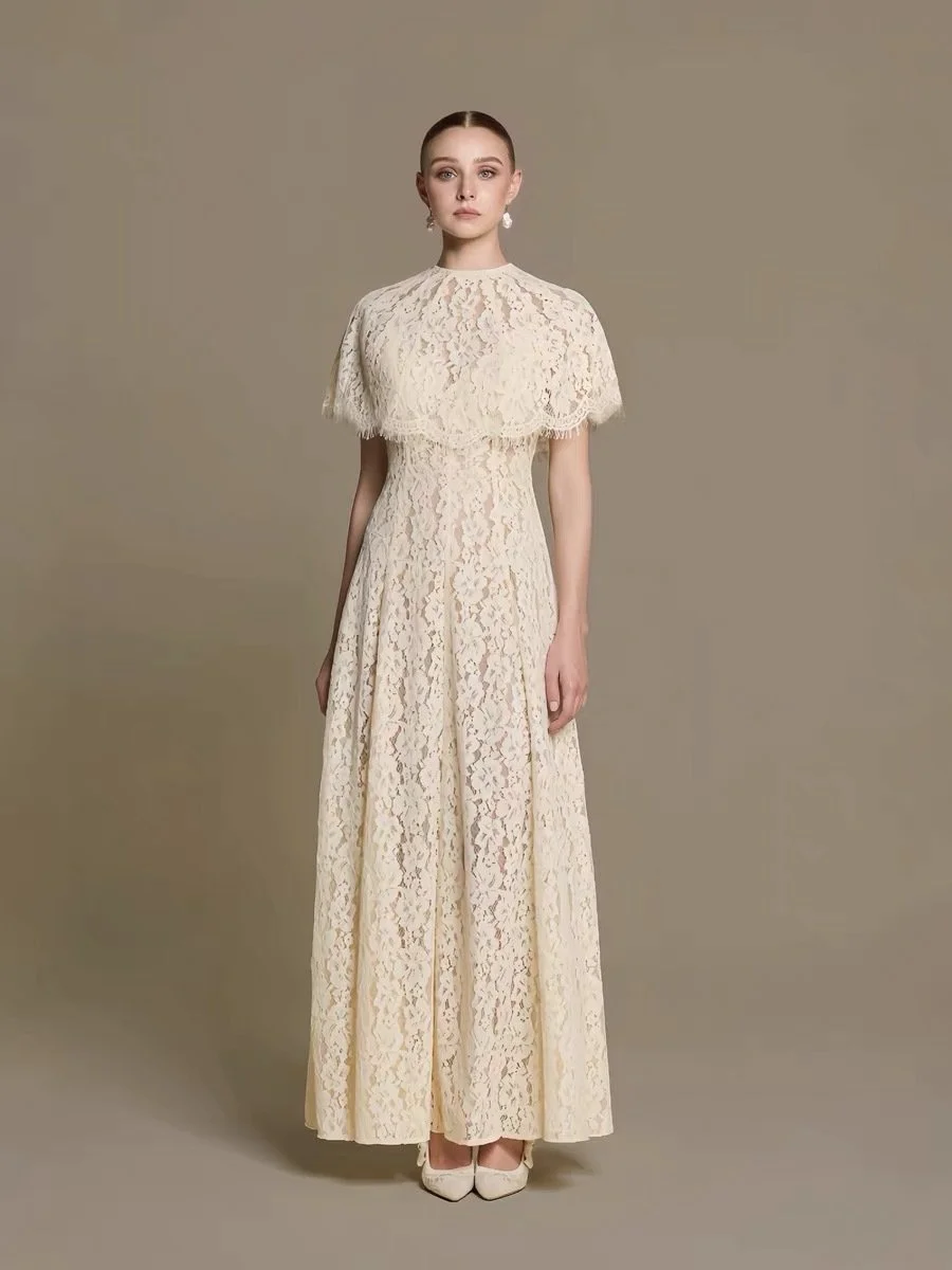 Cream Floral Lace Cape Overlay Maxi Dress