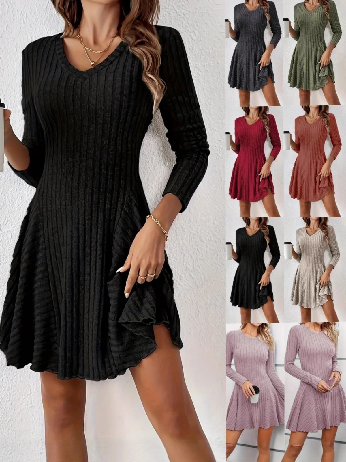 Cross-border European and American Amazon Popular A-line Dress 2025 Autumn and Winter Fashion Knitted A-line S