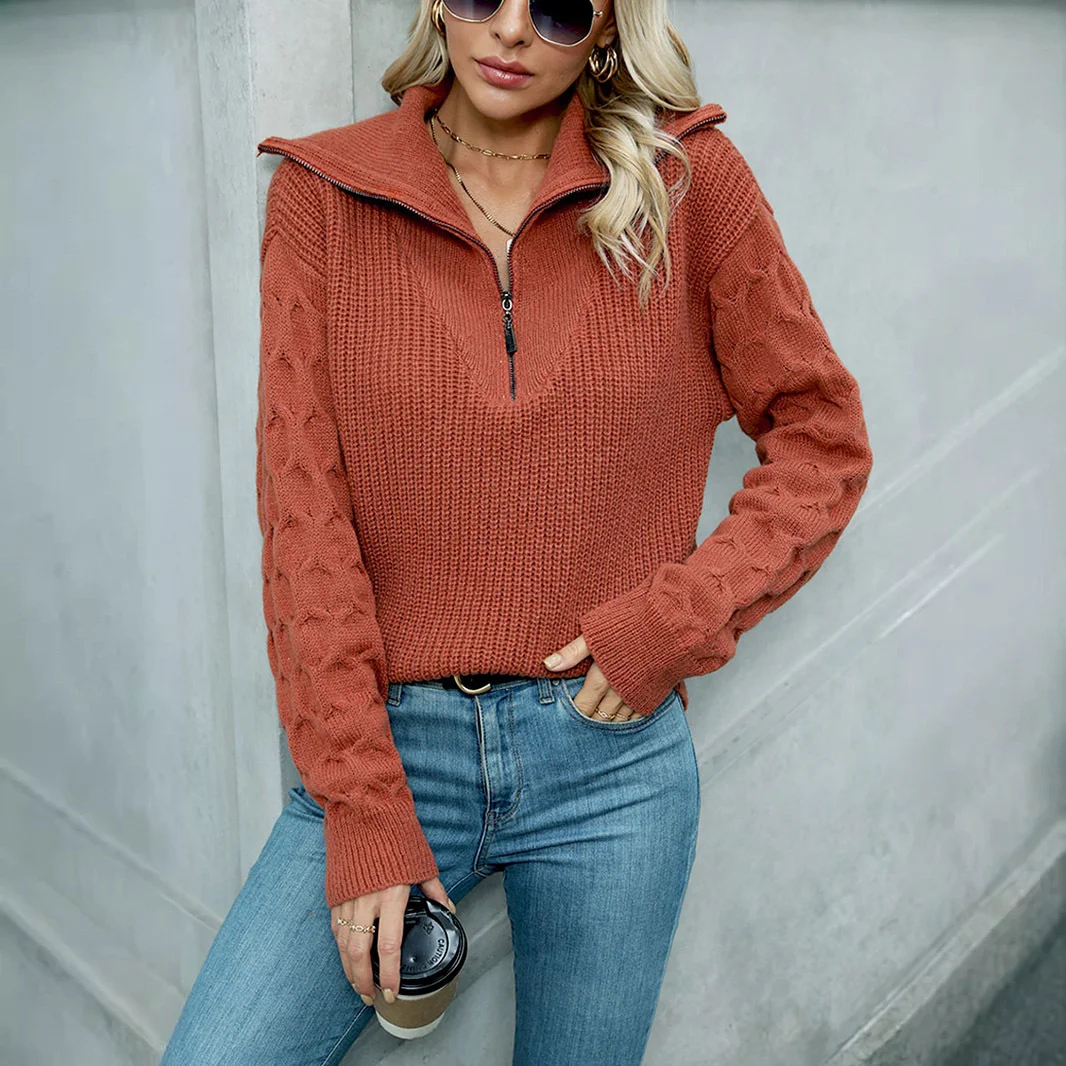 Customizable Zippered Polo Sweater with Large Lapel and Textured Knit Pullover