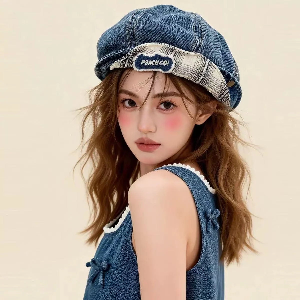 Denim Beret with Turned-up Brim