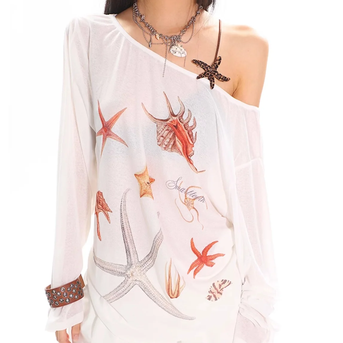 Diagonal Collar Long Sleeve T-shirt Printed See-through Loose Blouse
