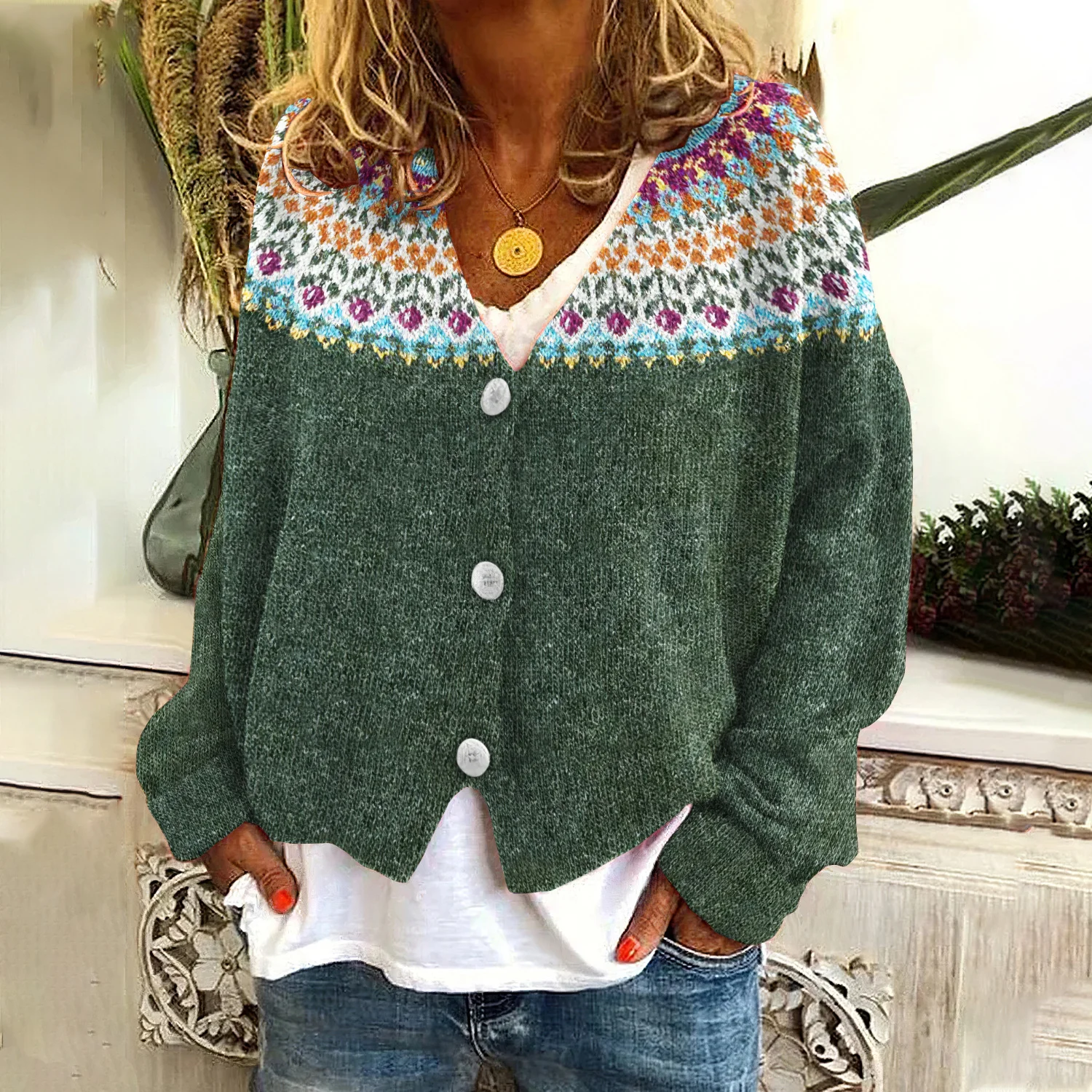 Digital Printing Thick Needle Women's Large V-neck Cardigan Short Long-sleeved Sweater