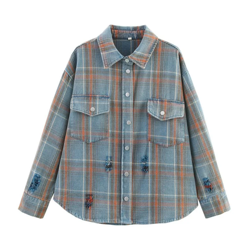 Distressed Blue Plaid Frayed Shirt Jacket