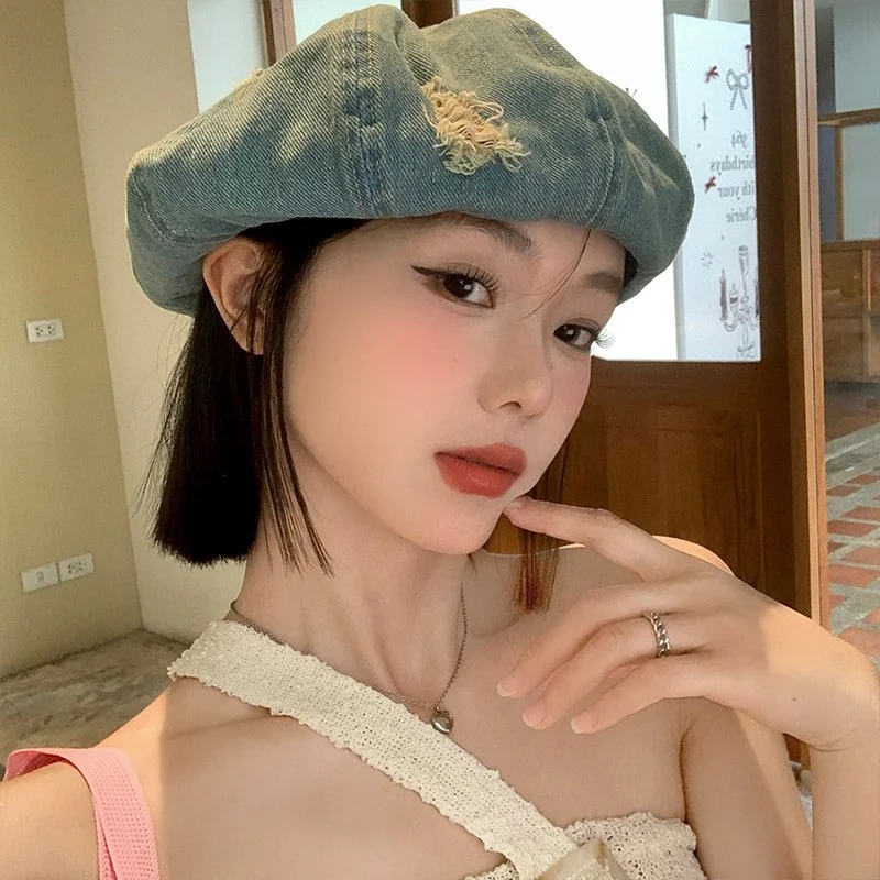 Distressed Denim Beret for Women
